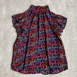 "Love"- Print Pleated Cap-Sleeve Blouse - 7th Avenue by New York & Company